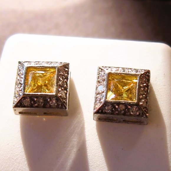Large Artisan Canary and White Square Earring Studs .925 Sterling Silver - Picture 2 of 4